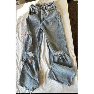 TINSELTOWN High Rise Wide Leg Distressed Butterfly Print Blue Jeans   9